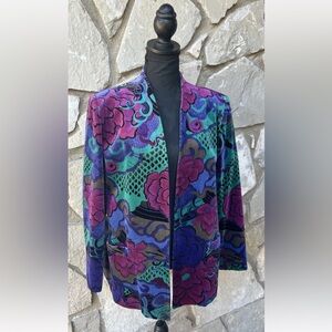 Tan Jay Blazer Size 14 Multicolor Floral Velvet Retro Vintage Lined Excellent